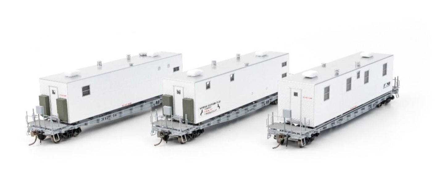 RAPIDO HO F30A 50' FLAT CAR W/CAMP VAN- NORFOLK SOUTHERN MOW 3-Pack (KITCHEN, DINING, OFFICE)