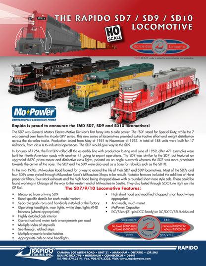 Rapido EMD SD7, SD9 & SD10 - BLE/DRGW/EMD/SP/B&O/CNW/CB&Q/BN/MILW/SOO/DME- Pre-Order