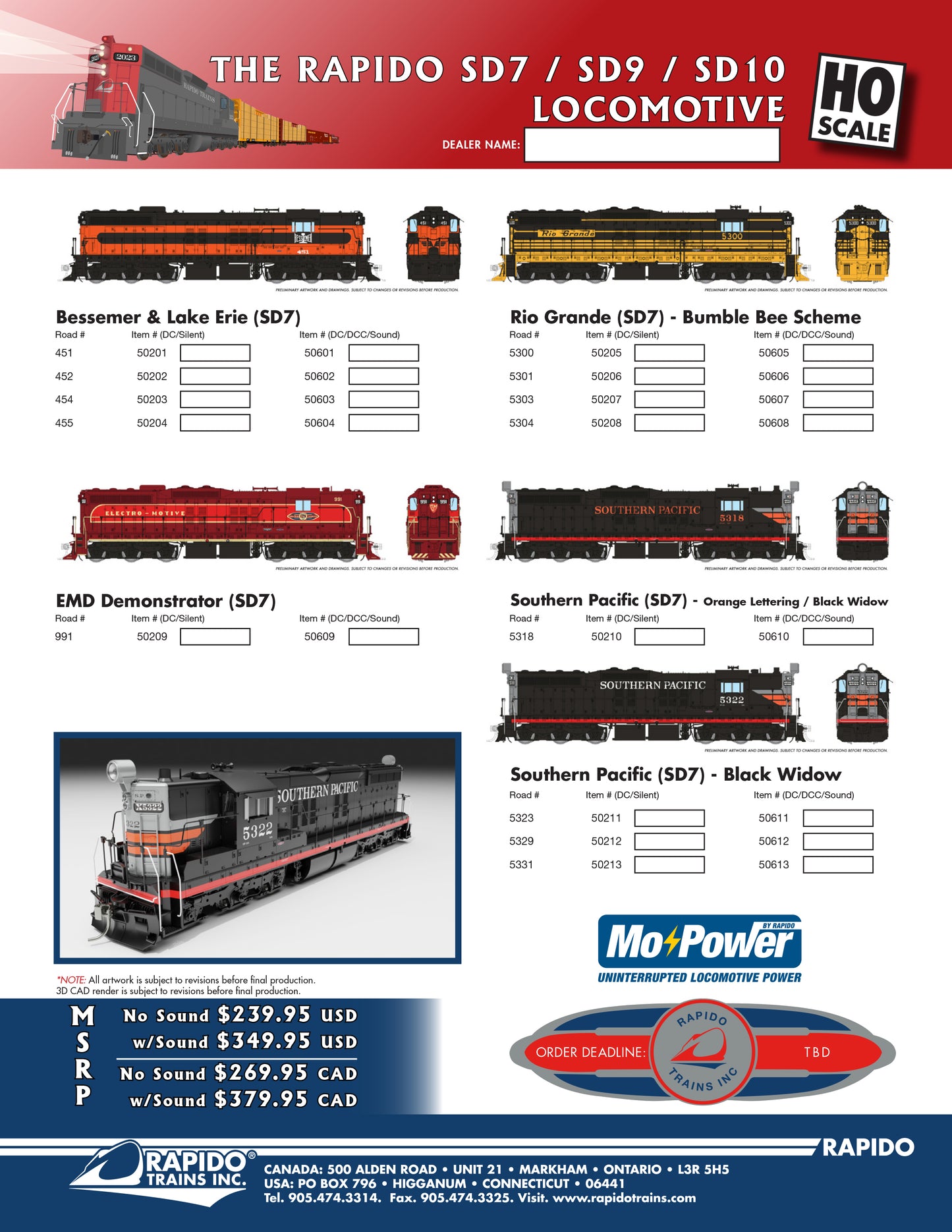 Rapido EMD SD7, SD9 & SD10 - BLE/DRGW/EMD/SP/B&O/CNW/CB&Q/BN/MILW/SOO/DME- Pre-Order