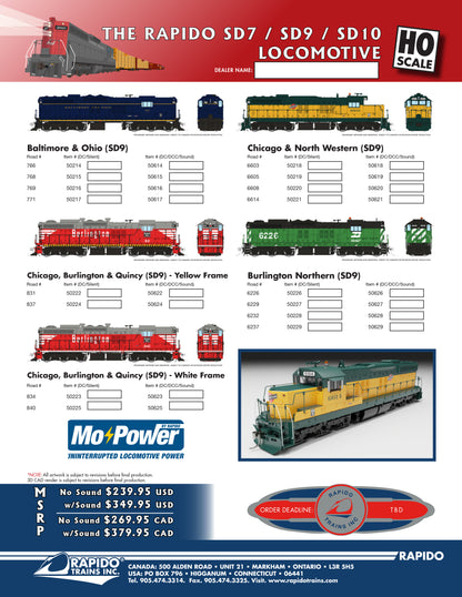 Rapido EMD SD7, SD9 & SD10 - BLE/DRGW/EMD/SP/B&O/CNW/CB&Q/BN/MILW/SOO/DME- Pre-Order