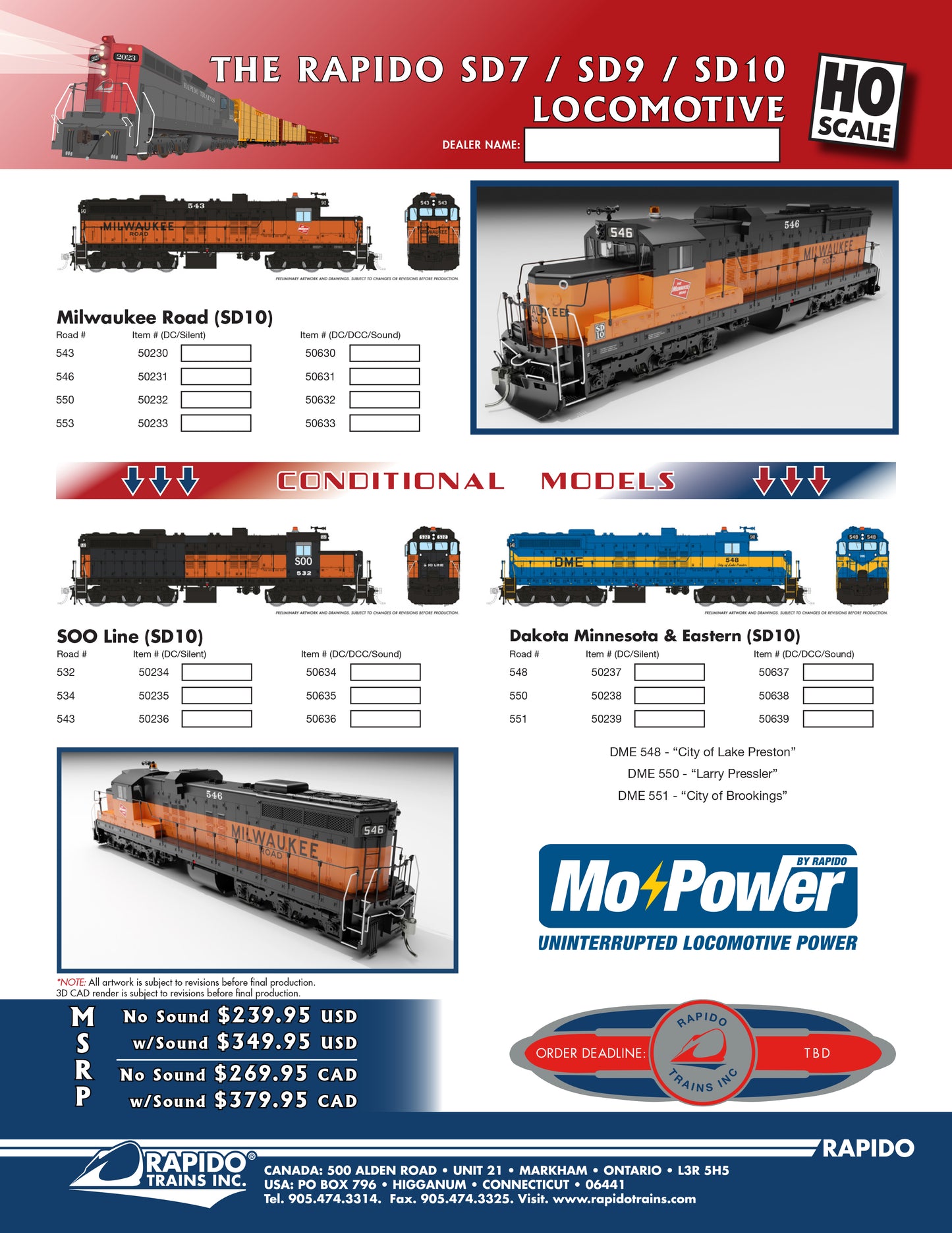 Rapido EMD SD7, SD9 & SD10 - BLE/DRGW/EMD/SP/B&O/CNW/CB&Q/BN/MILW/SOO/DME- Pre-Order