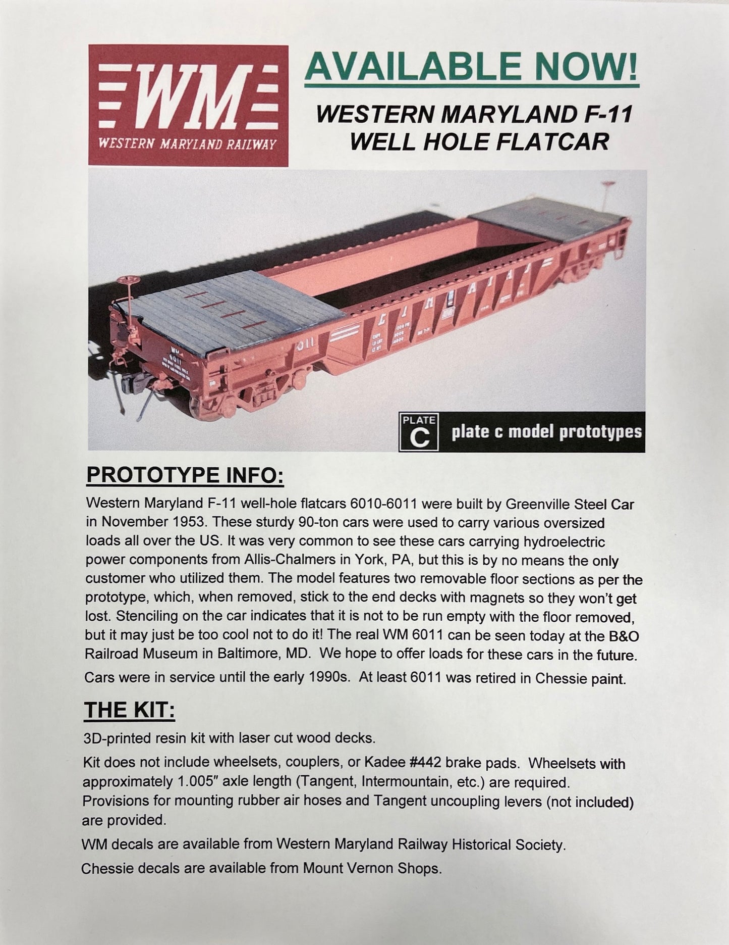 PLATE C MODEL PROTOTYPES WESTERN MARYLAND F11 WELL HOLE FLAT CAR KIT  (W/DECAL SET)