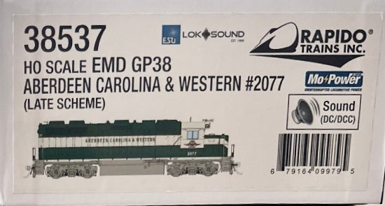 RAPIDO *HOBBYTYME SPECIAL* EMD GP38 DCC/LOC SOUND - ABERDEEN CAROLINA & WESTERN