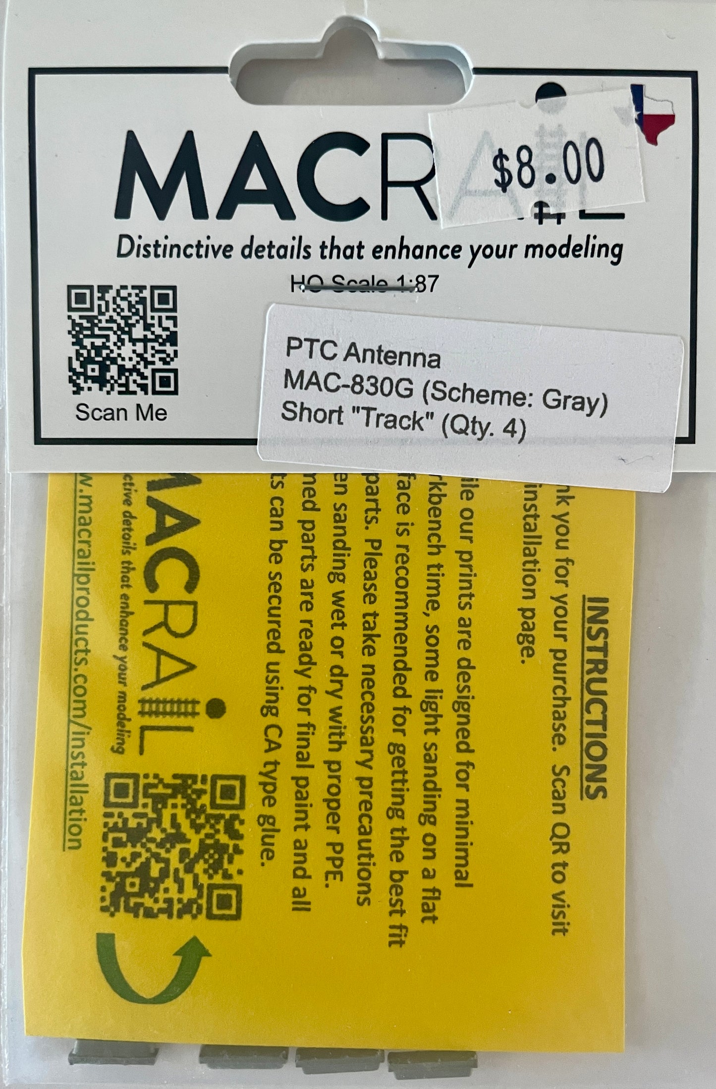 MAC RAIL MAC-830G PTC ANTENNA "SHORT TRACK"  GRAY (4 PACK)