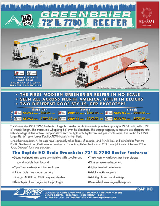 Rapido Greenbrier 72' 7780 Reefers (Announced 9/19/24)