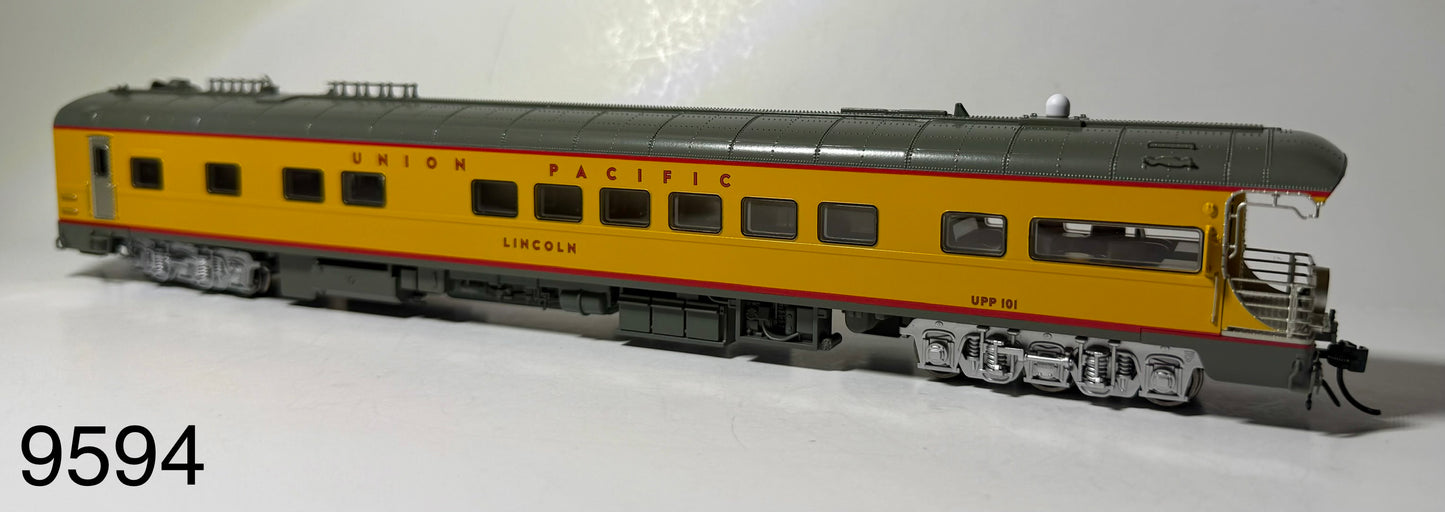 BROADWAY LIMITED UNION PACIFIC BUSINESS CAR  #101 "LINCOLN" WITH YELLOW "BUILDING AMERICA" DRUMHEAD ON REAR