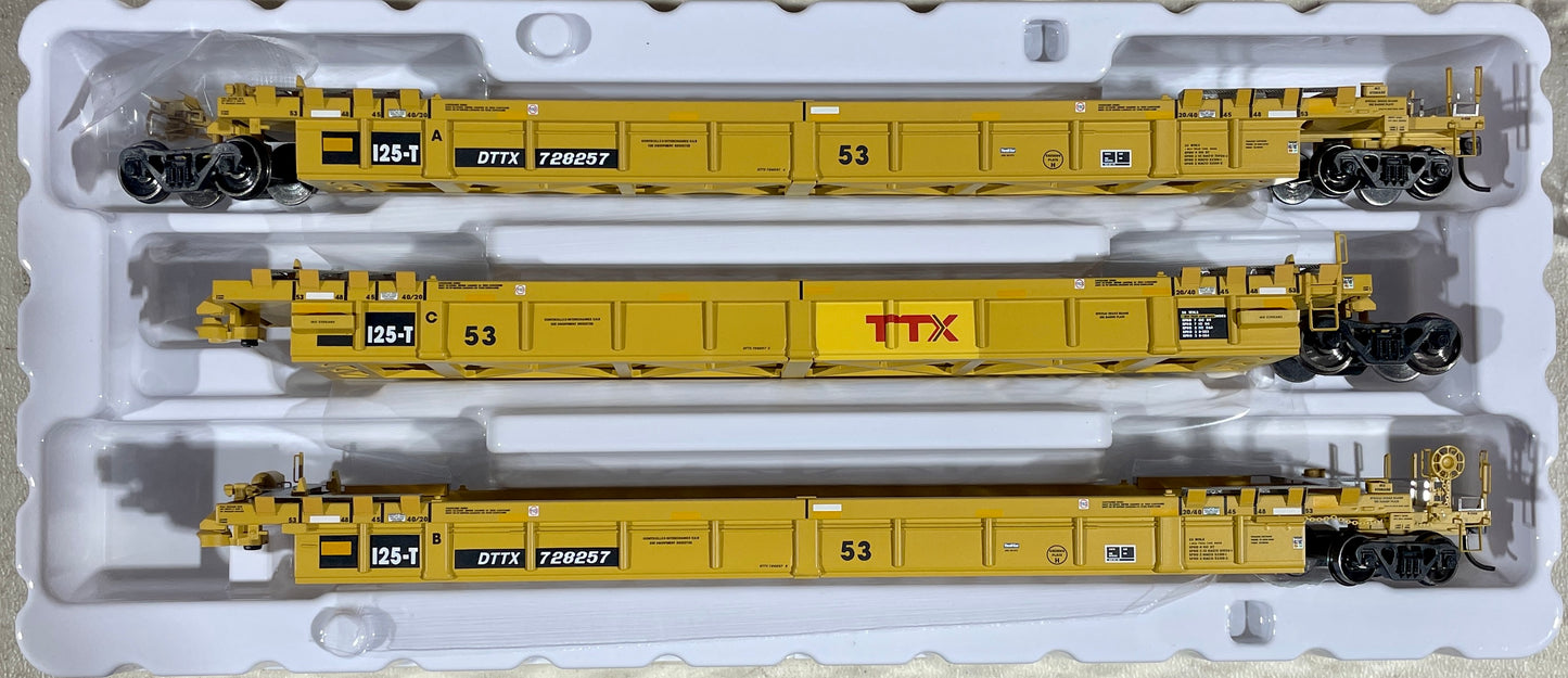 ATLAS MASTER THRALL 53' ARTICULATED WELL CAR (3 UNIT SET) TTX FORWARD THINKING LARGE LOGO