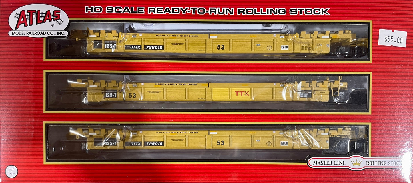 ATLAS MASTER THRALL 53' ARTICULATED WELL CAR (3 UNIT SET) TTX FORWARD THINKING SMALL LOGO